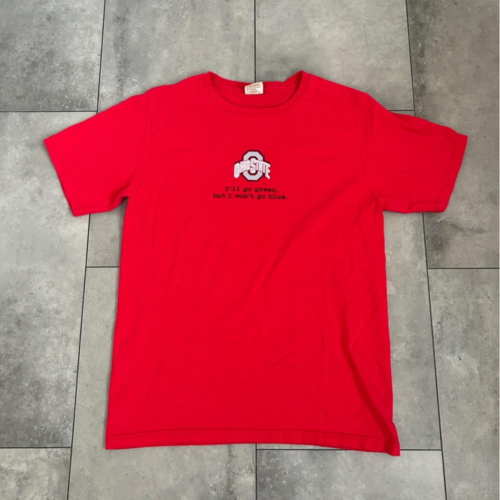 Ohio state buckeyes red organic t-shirt I’ll go green but I won’t go blue” M